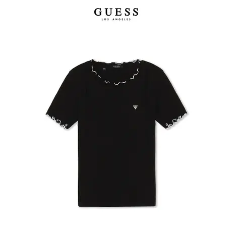 【38上新季】GUESS 女士拼色木耳边休闲百搭花边针织短袖商品大图