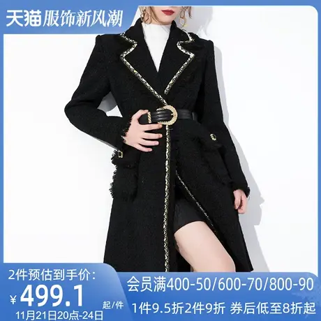 AUI黑色御姐气质小香风外套女冬2024年新款双排扣中长款修身大衣图片