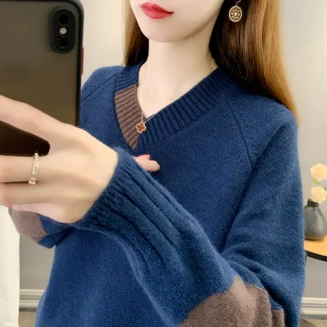2024秋季新款韩版V领毛衣女拼色套头宽松针织衫女长袖上衣内搭潮商品大图