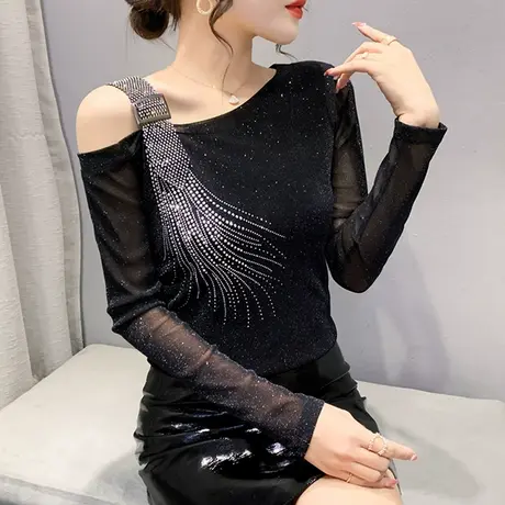 欧货网纱打底衫女春秋新款重工烫钻性感露肩T恤长袖洋气辣妹上衣商品大图