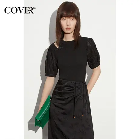 COVER夏季冰丝国风蕾丝短袖针织衫商品大图