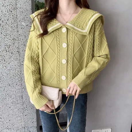 2024年秋装新款娃娃领针织开衫外套洋气时尚短款春秋毛衣外搭上衣商品大图