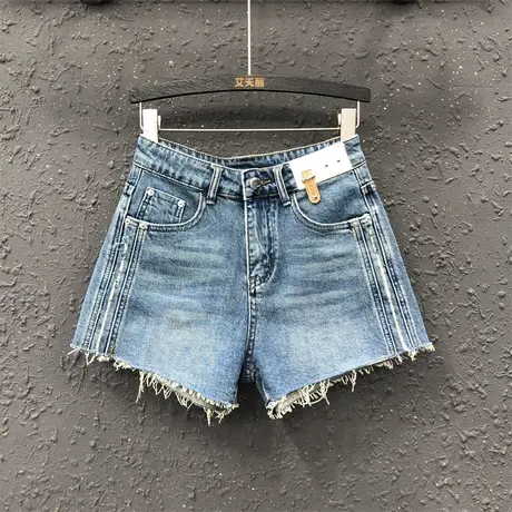 毛边a字阔腿裤休闲高腰裤欧货潮春季新款时尚贴标显瘦牛仔短裤女图片