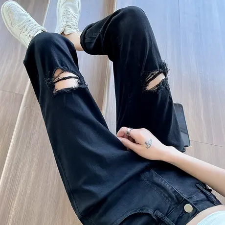 黑色破洞牛仔裤女春秋2024年新款高腰宽松显瘦百搭九分小脚哈伦裤商品大图