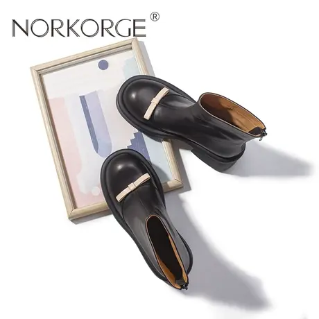 学院风复古厚底黑蝴蝶结时装短靴Q商品大图