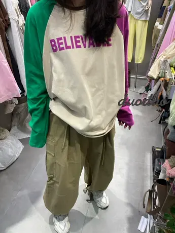 2023春秋装新款圆领字母图案拼色袖宽松长袖T恤女打底衫洋气上衣商品大图