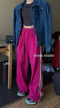 韩国东大门2023秋季新款侧边条纹休闲阔腿裤女高腰直筒垂感拖地裤商品大图