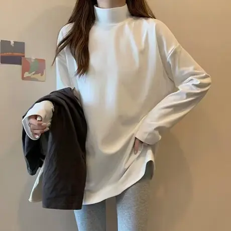 2023新款高领纯色长袖T恤女秋冬季宽松显瘦内搭加绒保暖打底上衣商品大图