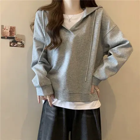 ins超火假两件卫衣女秋季韩版百搭宽松显瘦薄款连帽上衣外套潮牌图片