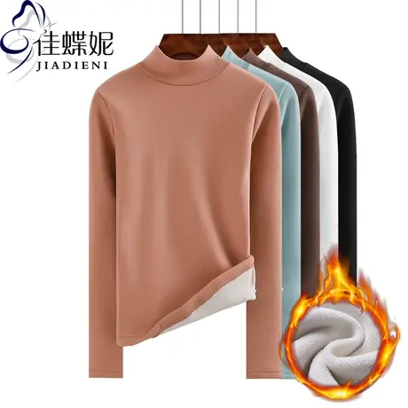 冬新款韩版半高领纯棉加绒加厚保暖修身体恤长袖女上衣打底衫T恤商品大图