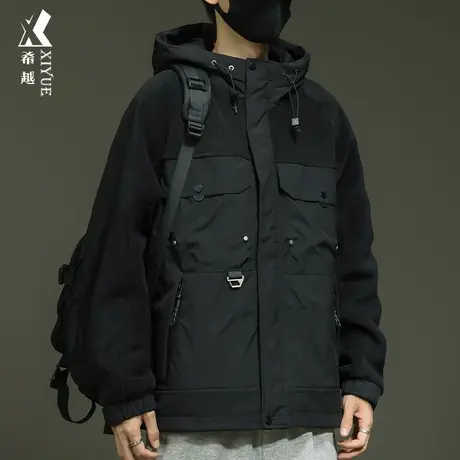 希越奥粒绒拼接工装冲锋衣男士外套秋冬季宽松大码摇粒绒连帽夹克商品大图