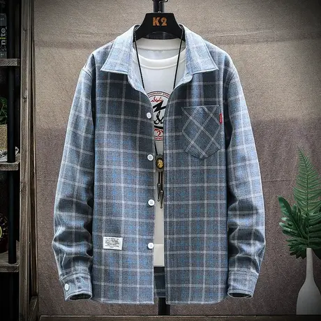 春季日系男装格子衫上衣春秋款男士长袖衬衣春天痞帅翻领衬衫外套商品大图