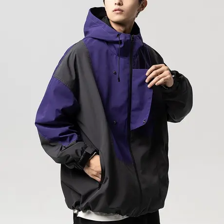 男士撞色连帽外套男潮流百搭户外登山服冲锋衣2023年新款宽松夹克商品大图