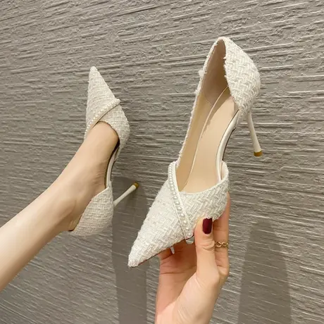 2024年新款尖头中跟单鞋法式水钻高跟鞋女春秋高级感软皮单鞋图片