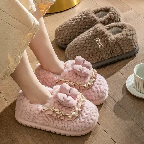 毛绒蝴蝶结棉拖鞋女款秋冬室内居家用包跟可爱防滑保暖月子棉鞋图片