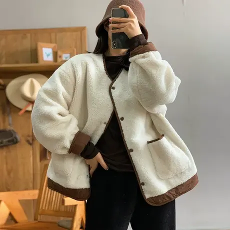 dza 复古宽松V领两面穿棉服女冬加厚两面穿棉衣外套休闲短款棉袄图片