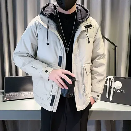 连帽工装羽绒服男冬季2023新款潮牌个性保暖假两件冬款PU皮外套图片