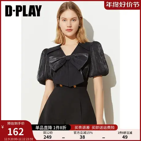 DPLAY夏季新款法式复古V领蝴蝶结衬衫鎏光纱垂感女短袖上衣商品大图