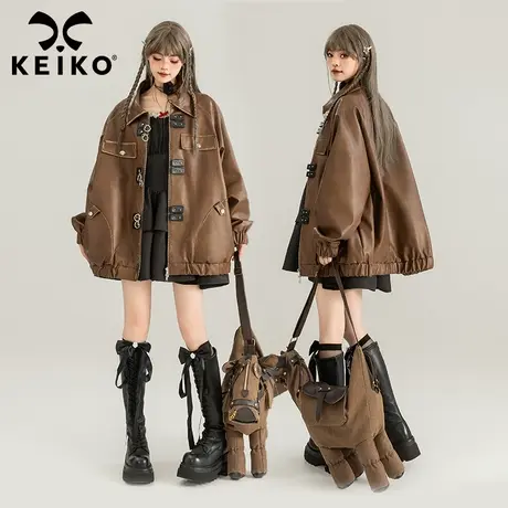 KEIKO 酷感棕色宽松皮衣外套女2024秋季美拉德穿搭帅气机车皮夹克图片