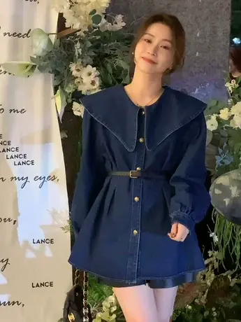 韩版复古甜美减龄娃娃领抓绒牛仔衬衫女2024早春季新款宽松上衣潮图片