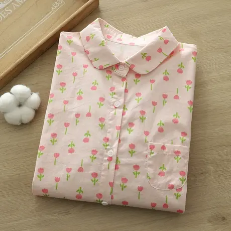 春秋新款文艺小清新减龄碎花粉色纯棉长袖衬衫女学生宽松打底上衣图片