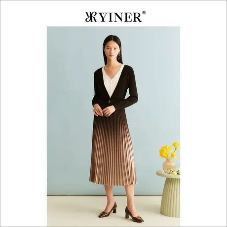 YINER音儿女装冬季法式压褶拼接含绵羊毛针织连衣裙商品大图