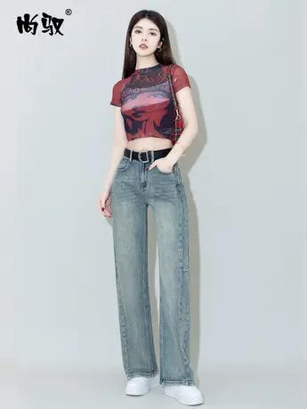 尚驭蓝色牛仔高腰弯刀裤韩版休闲直筒裤2024年春季新款拖地裤复古图片