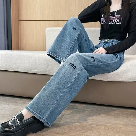 复古刺绣牛仔裤女2024年新款春秋高腰宽松显瘦直筒垂感窄版阔腿裤图片