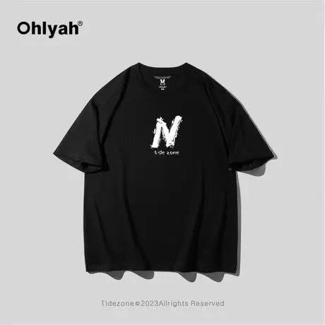 Ohlyah潮牌复古涂鸦N字印花黑色短袖T恤男女宽松休闲情侣半袖t恤图片