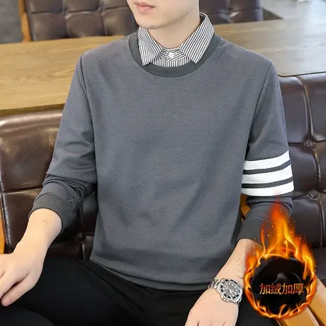 2023秋冬新款男士卫衣假两件外套加绒加厚长袖T恤潮流打底衫体恤商品大图