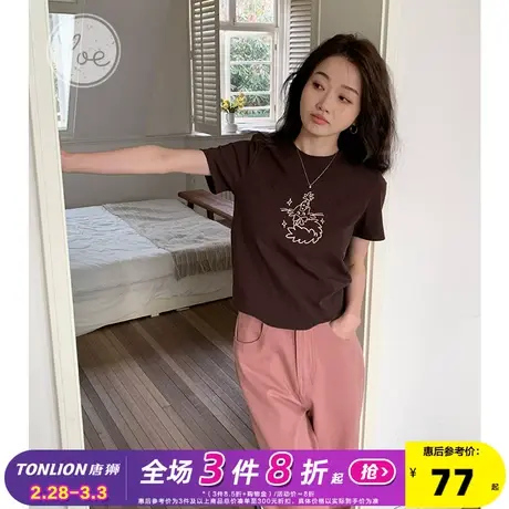 yoe短袖t恤女上衣棕色2024年夏季新款小个子小短款可爱流行宽松图片