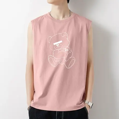 2023新款纯棉背心男潮小熊印花无袖t恤夏季外穿篮球健身运动坎肩商品大图