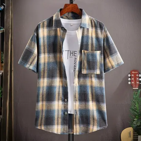 格子衬衫男短袖夏季潮流宽松港风文艺范半袖衬衣男生休闲寸衫上衣商品大图