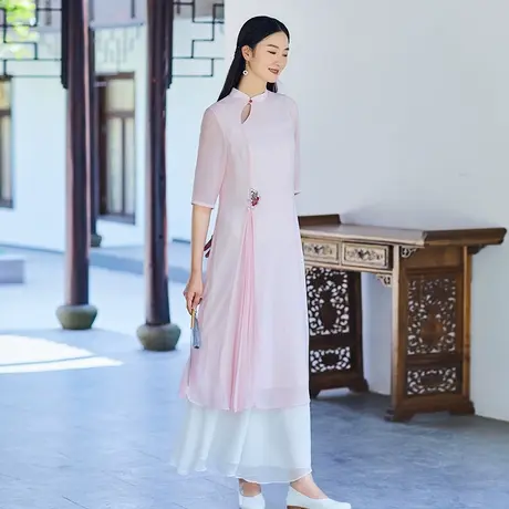 素飞夏季年轻改良旗袍2023年新款中国风粉色雪纺连衣裙仙气茶服女商品大图