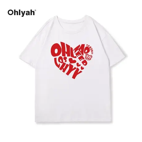 Ohlyah潮牌辣妹爱心印花字母短袖针织T恤女白色纯棉圆领打底衫夏商品大图