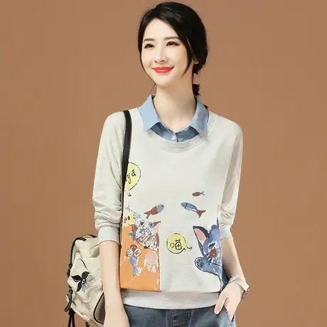 韩潮袭人假两件印花宽松套头卫衣女薄款2023年秋季新款设计感小众商品大图