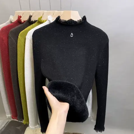 加绒半高领毛衣女蕾丝一体绒打底衫2023秋冬新款亮丝加厚内搭上衣图片