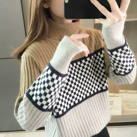 高领套头毛衣女士秋冬季新款打底衫加厚条纹针织衫格子宽松上衣商品大图