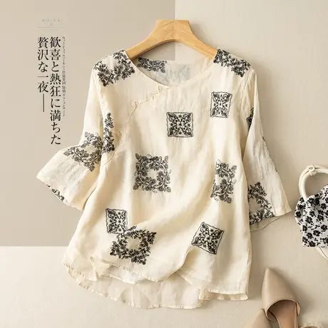 享永子七分袖苎麻上衣女文艺复古刺绣设计感棉麻小衫2023夏季新款图片