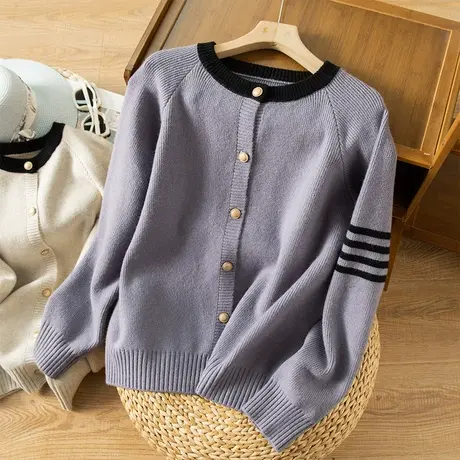 享永子圆领拼色针织开衫女春秋文艺复古百搭软糯毛衣外套2023新款商品大图