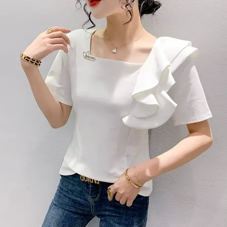 别致荷叶边上衣女2023夏装新款气质方领短袖T恤百搭显瘦半袖小衫商品大图