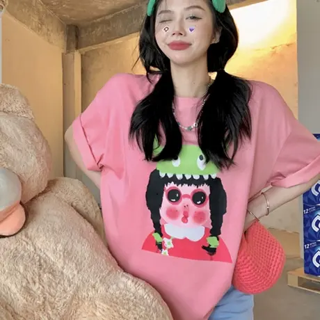 粉色短袖T恤女装夏季2023年新款ins潮设计感小众宽松半袖纯棉上衣商品大图