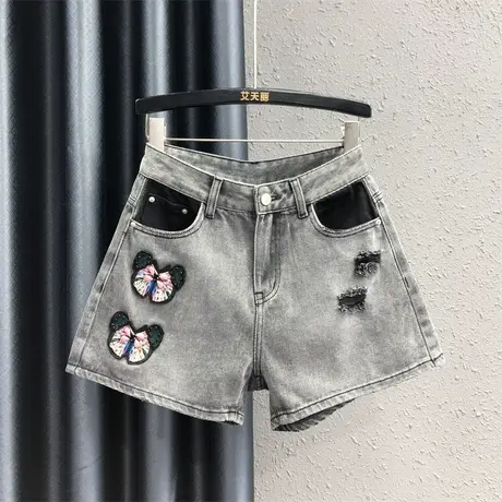 欧货洋气百搭牛仔短裤女夏2023新款宽松显瘦可爱贴布a字阔腿热裤图片