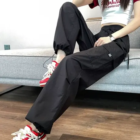 黑色束脚工装裤女春秋新款2023年高腰垂感透气速干美式哈伦运动裤图片