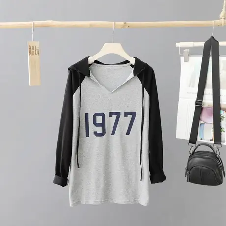 小众字母连帽t恤女长袖2023年早秋新款薄款洋气运动上衣体恤女装商品大图