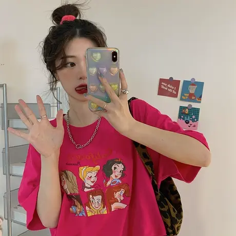 vintage玫红色纯棉短袖t恤女夏2023年新款宽松设计感小众ins上衣商品大图