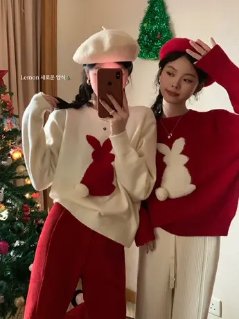 圣诞红色毛衣女秋冬季加厚宽松套头设计感小众上衣慵懒风针织外套商品大图