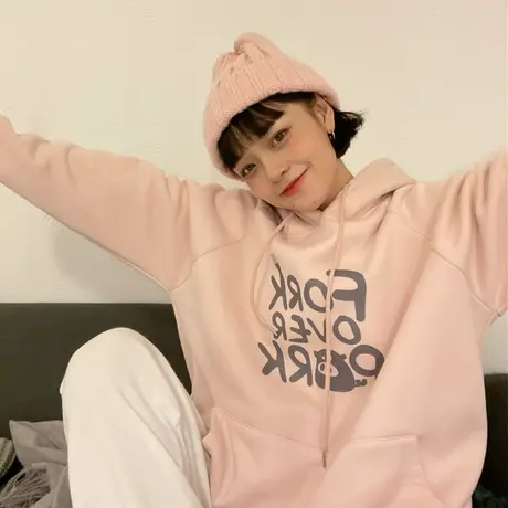 红续原创卡通字母加绒加厚连帽粉色卫衣女甜妹少女学院风秋冬外套图片