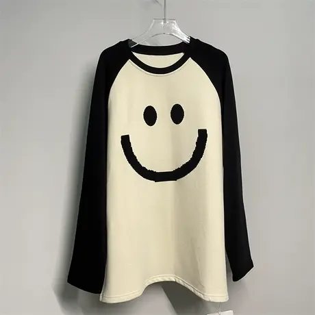 欧洲站2023秋冬装宽松慵懒风中长款笑脸拼色长袖T恤女打底上衣ins商品大图