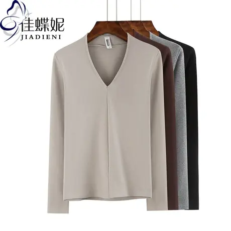 秋新款韩版深V领性感纯棉修身长袖体恤上衣女装打底衫纯色休闲T恤图片